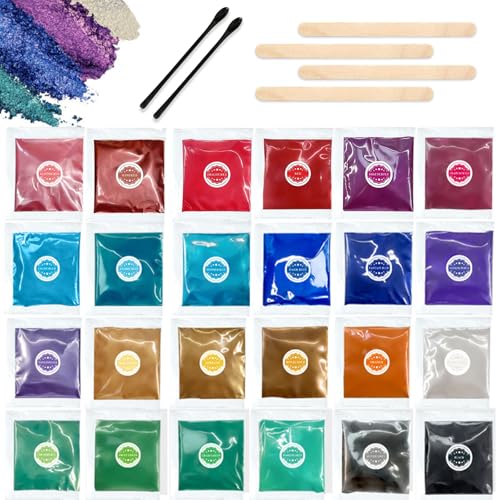 pclapora 24 Pièces Poudre de Mica, Couleurs pour Résine Époxy 3 Grammes par Paquet, Colorant de Savon Apportez 2 Cuillères et 4 Bâtonnets en Bois, pour Bricolage, Fabrication des Savon