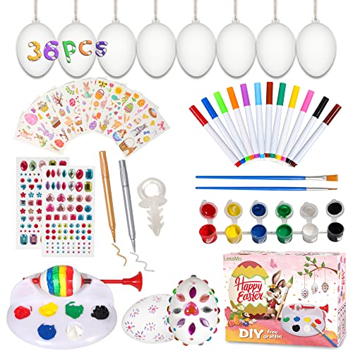 LessMo Easter Egg Decorating Kit, 36Pcs White Plastic Eggs with Dye Kit, Easter Tree...
