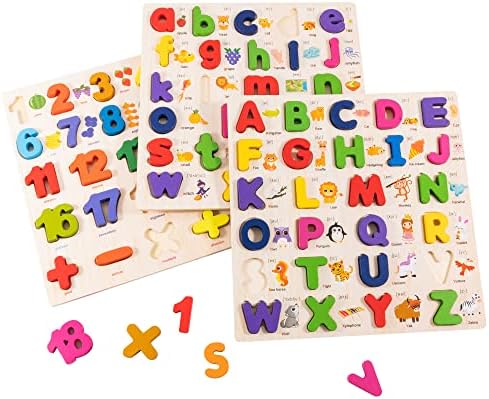 XJYQJD Wooden Alphabet Puzzle for Toddlers, 3 in 1 Lower Case Alphabet Letter Puzzles ABC Uppercase & Lowercase & Number Puzzle Set for Preschoolers Kids Ages 3-5 Alphabet Learning Educational Toy