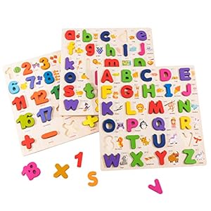 Wooden Alphabet Puzzle for Toddlers, 3 in 1 Lower Case Letter Puzzles ABC Uppercase & Lowercase & Number Puzzle Set for Preschoolers Kids Ages 3-5 Alphabet Learning Educational Toy