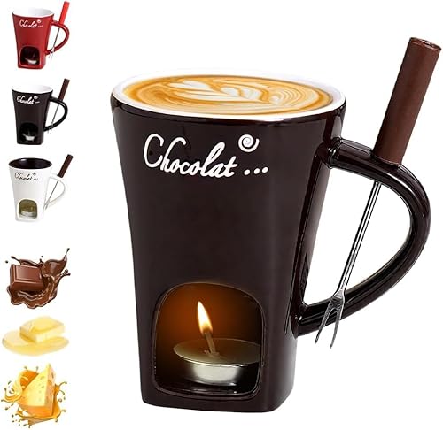 Générique Tasse à Fondue Au Chocolat Avec Fourchettes, Fondue ChaufféE Avec Une Bougie Chauffe-Plat, Tasse Chauffante Pour Bonbons, Collations, FêTe Au Caramel (Café)