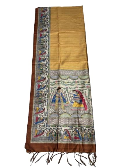Image of Sanavi's Saree Kuthir Pure Handloom Tussar Ghicha Madhubani Printed Silk Saree with Blouse Piece inside