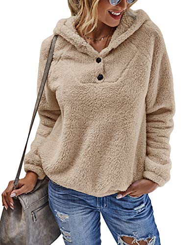 Yanekop Womens Fuzzy Fleece Pullover Button Collar Sherpa Sweatshirt Hoodie with Pockets(Khaki,L)