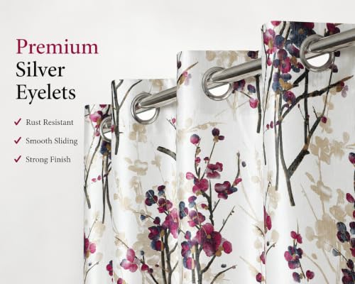 Image of 9 Feet Polyester Floral Light Filtering Long Door Curtains for Bedroom, Living Room & Hall, Eyelet Top, Wine Print Curtain Set of 4