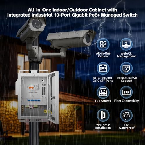 Image of MokerLink Indoor /Outdoor Enclosure with Integrated 8 Port Gigabit PoE+ Managed, 2 SFP Switch, IEEE802.3af /at POE 300W, L2+ Web /CLI Vlan|Route|Ring|ACL|Qos, Metal IP55 Case, -40 to 158F