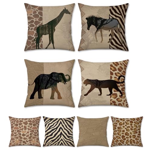 Bonhause Housse de Coussin Animaux 45 x 45 cm Léopard Girafe Éléphant Zèbre Polyester Lin Décoratif Taie d'oreiller pour Canapé Salon Chambre Chaise...