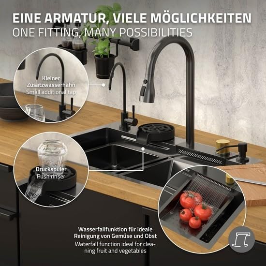 Image of Kitchen Sink | 24x18x9 Inch Waterfall Sink for Kitchen | 304 Grade Stainless Steel Basin Sinks for Kitchen with Honeycomb Black Finish Design Waterfall Integrated Pull Down Faucet (24X18X9 INCH)