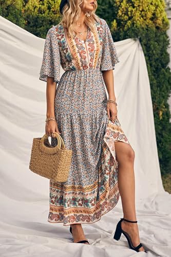 Image of PRETTYGARDEN Women's Casual Summer Boho Floral Print Dress V Neck Short Sleeve High Waist Long Maxi Beach Dresses