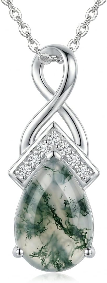 Aihpos Natural Moss Agate Necklaces For Women 925 Sterling Silver Green Moss Pendant With 18''+2'' Chain Moss Agate Jewelry Necklace for her