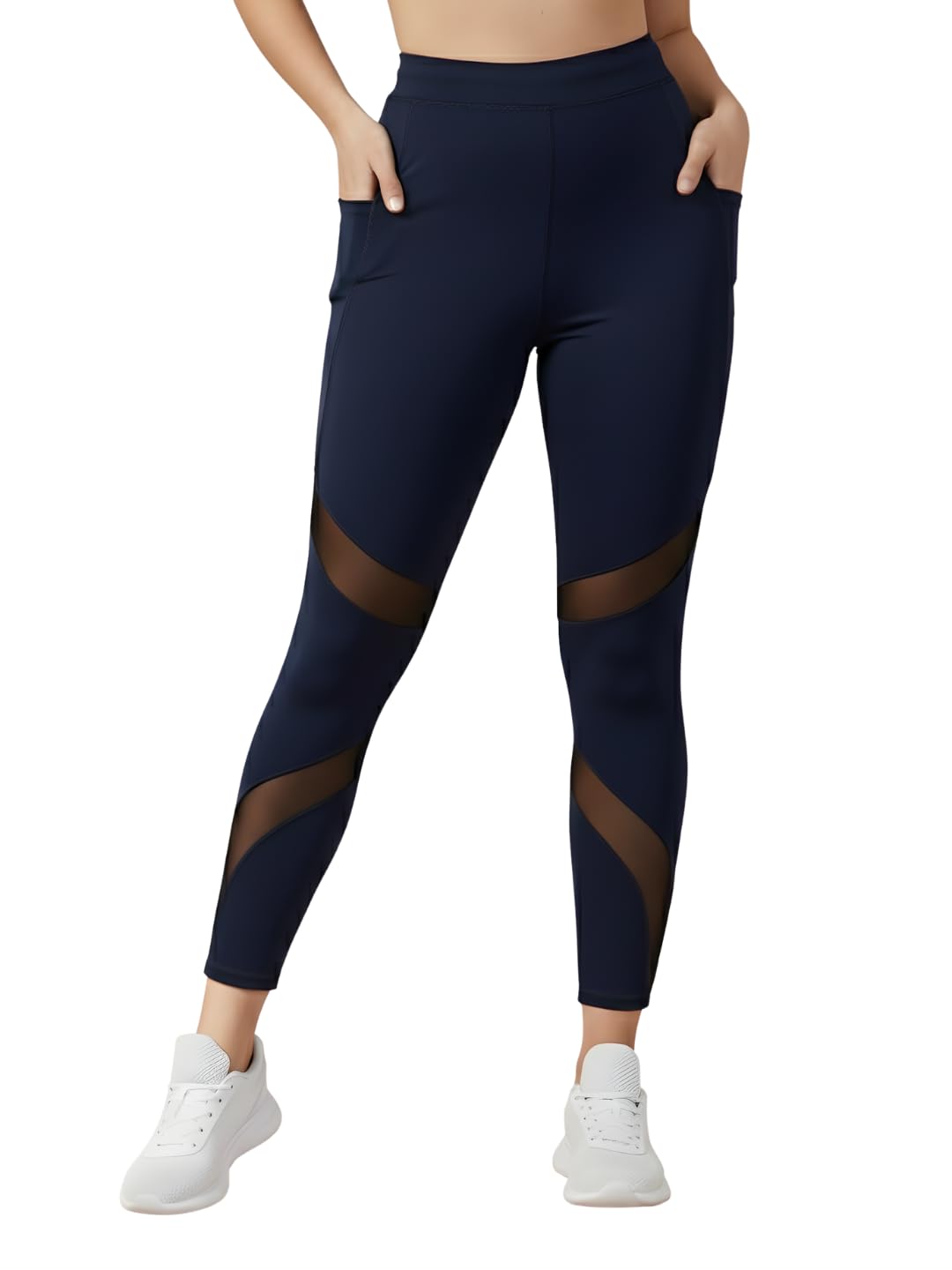 BLINKIN Pantalones de gimnasio elásticos para mujer y mallas para mujer con inserto de malla y bolsillos laterales (2670), Azul Marino, 36