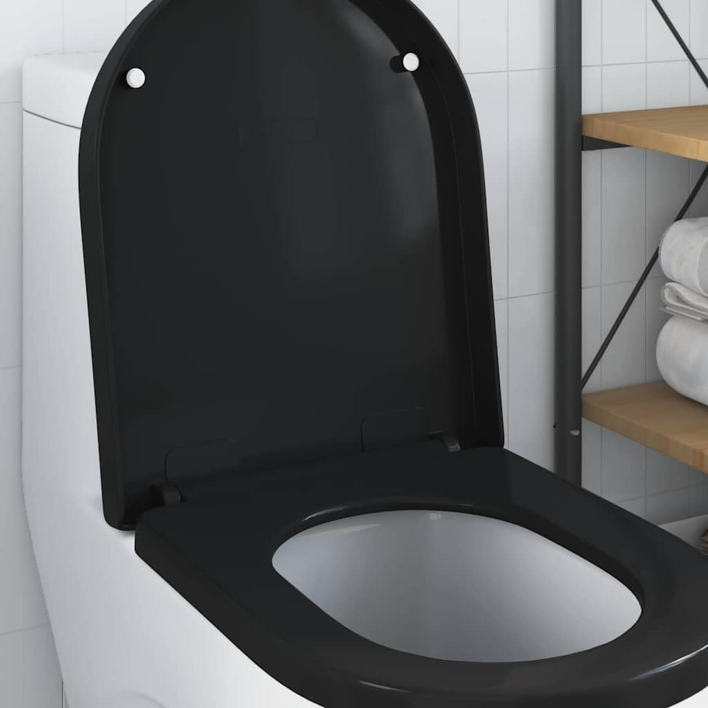 Toilettensitz schwarz aus Polypropylen, 48 x 36,5 x 4,5 cm, mit Edelstahl Scharnier, Innenbereich, einfache Montage, hygienisch, langlebig, passend für modernes Bad und Renovierung