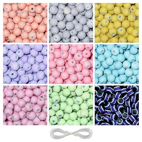 Image of 15 Pcs Evil Eye Beads + 225 Pcs Pastel Glass Beads for Jewellery Making Kit - Glass Beads for Bracelet Making Kit - Bead Craft - 8mm