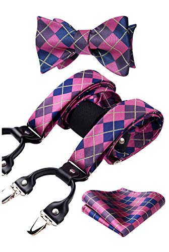 HISDERN Bow tie and Suspenders for Men Pink Plaid College Suspender Self Bowtie Pocket Square Adjustable Y Shape Trouser Mens Braces Prom Homecoming