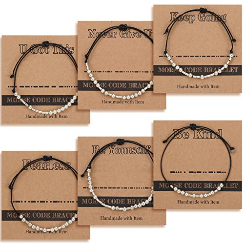 Batiyeer 6 Pcs Inspirational Morse Code Bracelet Gift for Women Silver Beads Bracelet Jewelry Encouragement Funny Birthday Gifts for Her Friend Sister