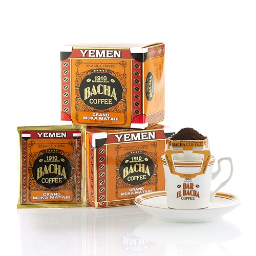 Bacha Coffee | Grand Moka Matari Yemen Single Origin, Medium Dark Roast, 100% Arabica Specialty Coffee, 12 Coffee Drip Bags, Gift Box