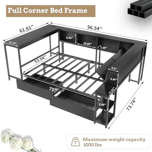 Full Corner Bed - Storage Drawers, LED Light, Black