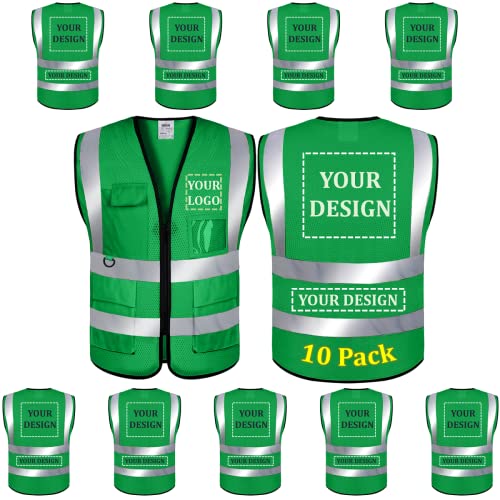 BeautyWill 10 Pack Mesh Safety Vest Custom Logo Class2 High Visibility Reflective Vest with 5 Pockets Construction Security Work Vest ANSI/ISEA Standards（Green，3XL ）