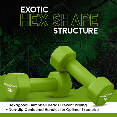 Fitness Republic 3LB Neoprene Workout Dumbbells Set of 2 - Non Slip, Anti Roll Exercise & Fitness Dumbbells - Hex Shaped Hand weights for Men & Women - Ideal for Home and Gyms training - Thumbnail 4