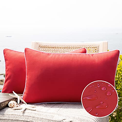 Phantoscope Pack of 2 Outdoor Waterproof Solid Throw Decorative Pillow Cover Decorative Square Outdoor Pillows Cushion Case Patio Pillows for Couch Tent, Red 12x20 inches 30x50 cm