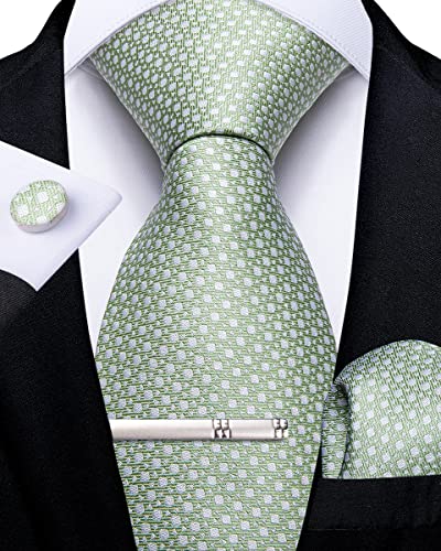 DiBanGu Herren Seide Grüne Krawatte Set Salbei Grün Karierte Krawatte für Herren Einstecktuch Manschettenknöpfe Krawattenklammer Set Formelle Geschäftsfeier