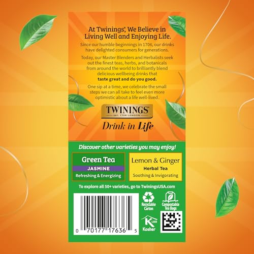 Image of Twinings Pure Green Tea Individually Wrapped Bags, 20 Count (Pack of 1), Smooth & Refreshing, Caffeinated, Enjoy Hot or Iced, 20 Teabags