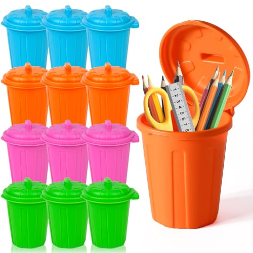 HSLCGF 12 PCS Coloured Mini Trash Can Mini Garbage Cans Pen Holder Desk Organizer Small Desktop Miniature Garbage for Birthday Party Favors Home School Classroom Decor (12, Muticolored)