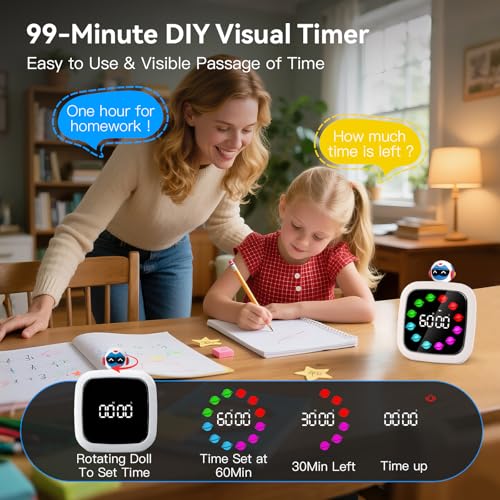 Image of Digital Visual Timer for Kids, 99-Minute Countdown, Rechargeable | 19 Music Alarm, Pause Function, 9 Optional DIY Color Planet Display, Robot Doll, for Study, Homeschool, Kitchen