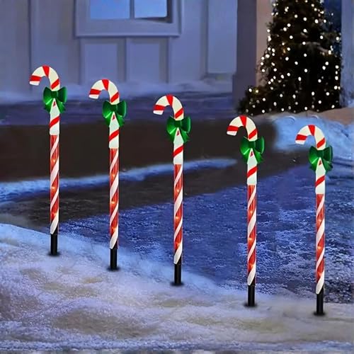 ADEPTNA 5 Pack Christmas Pathway Candy Cane Lights – Battery Operated with Timer, 8 Modes, 1m Lead Wire & 35 Warm White LEDs – Outdoor Garden Path Decorations
