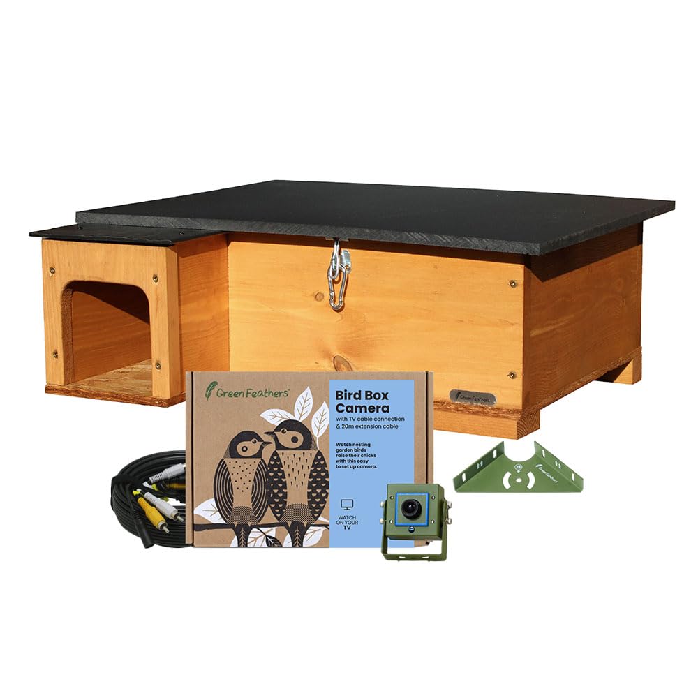 Green Feathers Deluxe Hedgehog House & Wired 700 TVL Outdoor Camera Kit, Includes Eco-Friendly Nest Box House and Extension Lead (Wired Camera & Golden Brown Hedgehog House, UK Power Supply)
