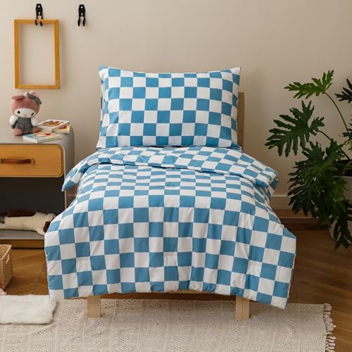 Image of Luxlovery Toddler Comforter Set Checkered Plaid Sky Blue White Kids Boho Bedding Set Bed Set for Dorm 4 Pieces (1 Comforter, 1 Flat Sheet, 1 Fitted Sheet, 1 Pillowcase)