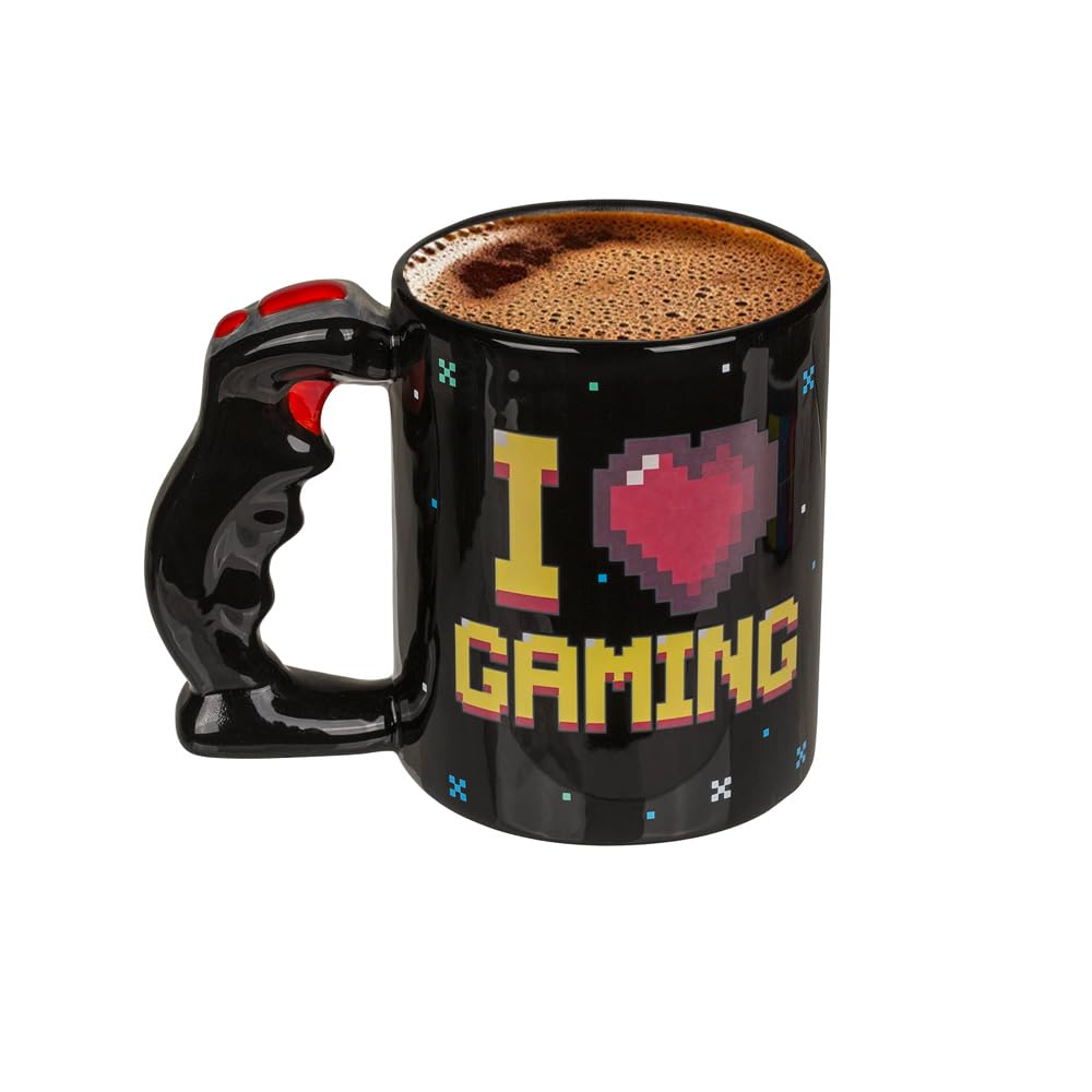 Avilia Tasse à thé ou café avec décoration I Love Gaming idéale comme cadeau - Tasse avec contrôleur comme poignée et décoration change de couleur avec chaleur, 11 x 9 cm, 320 ml, noir et rouge