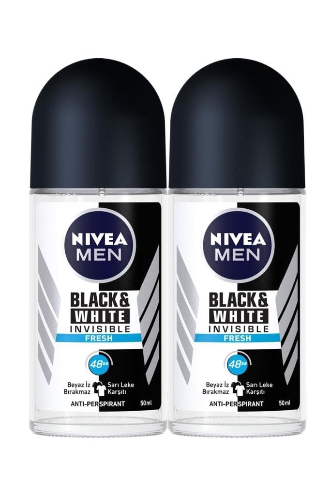 NIVEA MEN Erkek Roll on Deodorant Black&White Invisible Fresh, Ter ve Ter Kokusuna Karşı 48 Saat Anti-perspirant Koruma 50ml x2 Adet