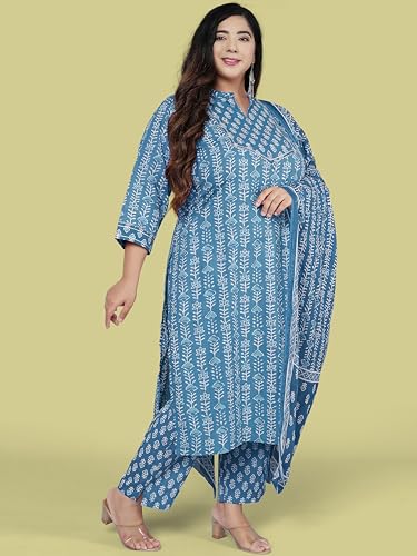 Image of MIRCHI FASHION Pure Cotton Plus Size Straight Kurta Set with Dupatta | 3 Piece Summer Ethnic Kurta Pant Set | Office Wear Salwar Suit for Women