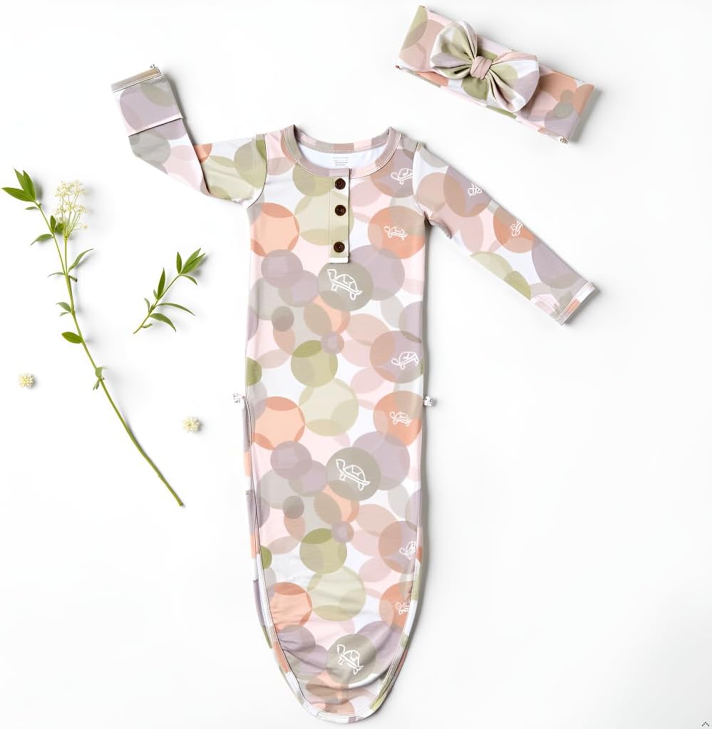 Newborn Baby Girls Knotted Gown & Headband Gift Set, Soft Viscose from Bamboo Baby Sleeper with Mittens