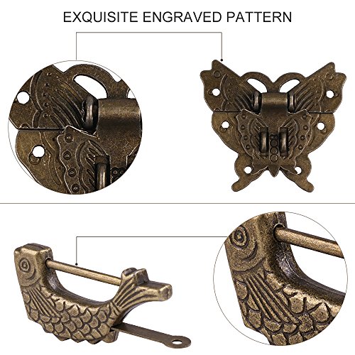 Image of Antique Small Chinese Locks with Key & Latch Hasp Set, Vintage Jewelry Gift Box Decorative Padlock Lock Hardware Latch Set for Wood Box, Fish Lock