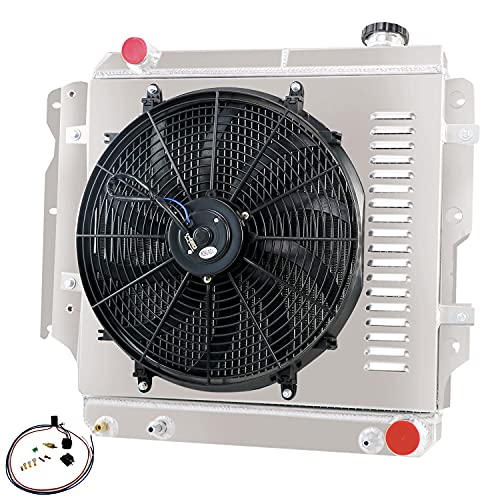 Cubauto 4 Rows Radiator+Shroud Fan+Thermostat Compatible For 1987-2006 Jeep Wrangler TJ YJ GM Chevy V8 1988 1989 1990 1991 1992 1993 1994 1995 1996 1997 1998 1999 2000 2001 2002 2003 2004 2005