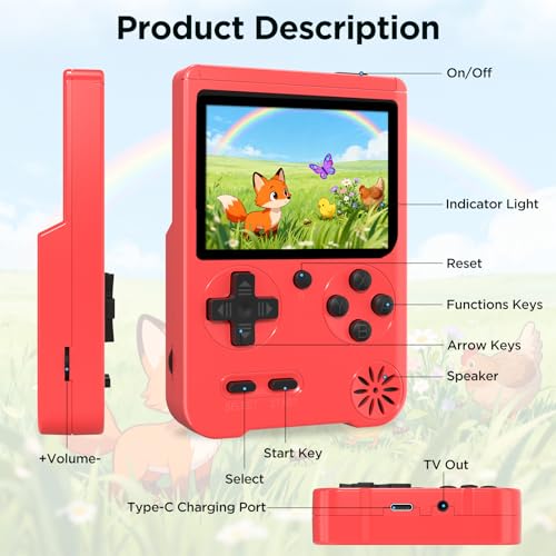 Handheld Game Console, Preloaded 500 Retro Video Games, Portable Game Player with Rechargeable Battery 3.0\" LCD Screen, Support for TV and Two Players, Suitable for Boys and Girls (Red) - Thumbnail 5