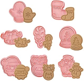 Cookie Cutters with Plunger Stamps Set, NEWHOMESTYLE 8Pcs Plastic Christmas Themed Mini Cookie Biscuit Baking Molds Embossing Mold Gloves Bells Snowman Santa Elk Socks