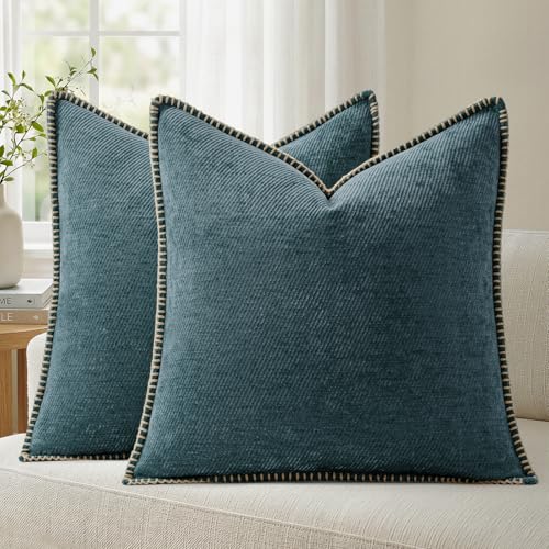 Image of a moment Pack of 2 Decorative Chenille Throw Pillow Covers with Twill Cushion Covers for Sofa Living Room Couch Bed 20x20 Inch,Crafted Border Dark Teal