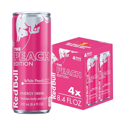 Image of Red Bull Peach Edition Energy Drink, White Peach, 8.4 fl. oz., Pack of 4, with 80mg Caffeine, Taurine & B Vitamins