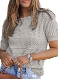 Picture of Dokotoo Womens Summer Short Sleeve Sweater for Women Lightweight Cute Eyelet Embroidered Crochet Tops for Women Blouses Grey Sweaters Old Money Clothes L