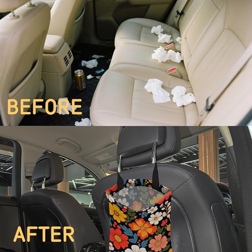 Image of Colorful Flowers Car Trash Bag, Hanging Drawstring Car Garbage Bag,Canvas Car Back Seat Organizer with Adjustable Buckle for Men and Women
