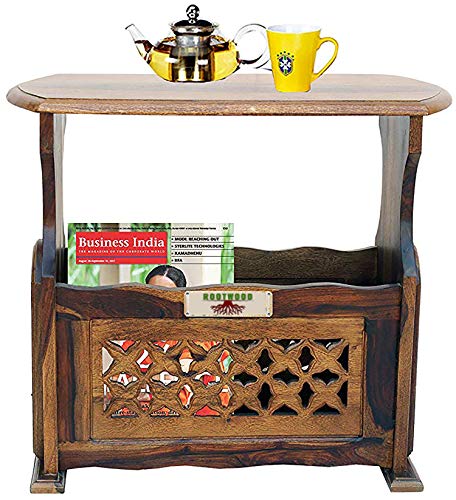 Image of Sheesham Wood Side Table with Magzine Holder for Living Room | Brown