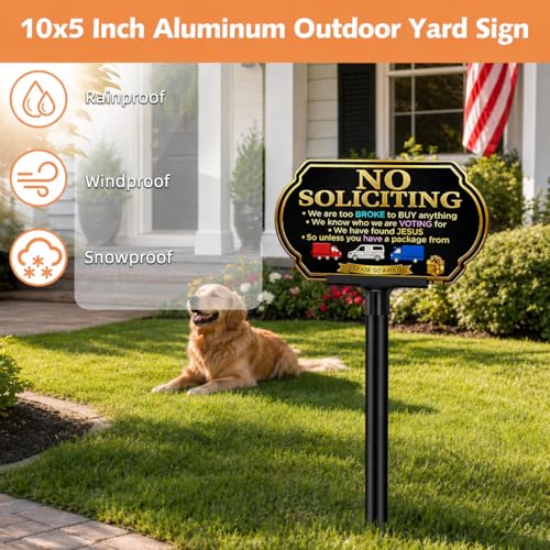 Image of Funny No Soliciting Sign for House with Adjustable 37 inch Stake,Weatherproof Silication Sign for Yard and Front door, 10x5 inch Rust-Free Aluminum, UV Protected for Housewarming Gift