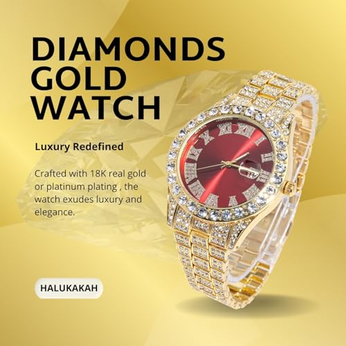 Image of Halukakah Diamonds Gold Watch Iced Out for Boy Teens Kids - 18K Real Gold /Platinum Plated,42mm Blue /Green /Red Dial,Japanese Quartz - 8 inch Length - Optional with Cuban Link Chain,with Watch Adjuster Tool