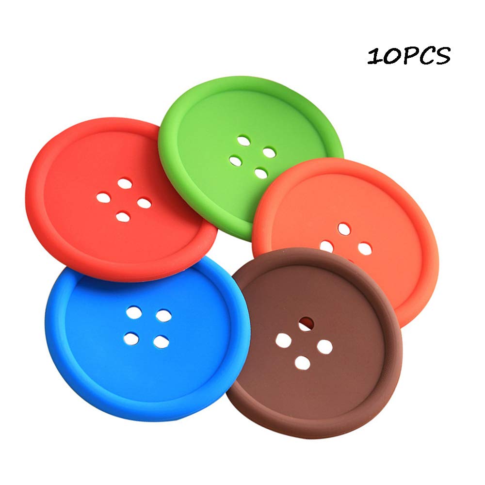 Silicone Drink Coaster, 10Pcs Round Button Shaped Cup Cushion Holder, Coffee Drink Mat With Deep Grooved and Non-Slip Placemat