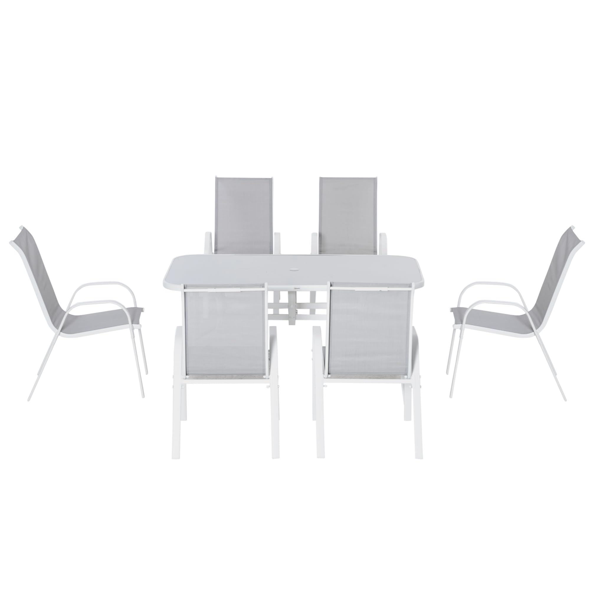 Outsunny 7 Piece Garden Dining Set with Dining Table and Chairs, 6 Seater Outdoor Furniture with Parasol Hole for Deck and Balcony, Grey