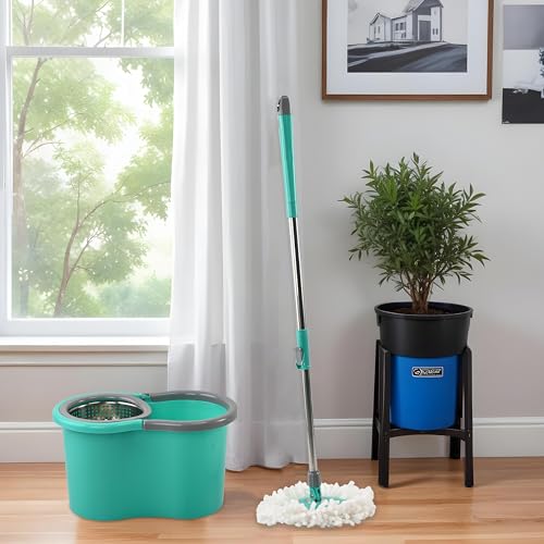 Image of Urbane Home Plastic Spin Mop with Stainless Steel Wringer | Big Bucket Moppers for Cleaning Floor, 2 Refills | 360 Floor Cleaner Mopping Set for Home & Office | Pocha Stick - (Mint Green)