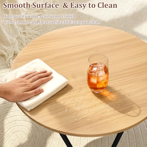Image of Round Coffee Table 23.6 inch Small Coffee Table for Living Room Modern Circle Center Table with Metal Frame Wood Sofa Table for Reception Room Home Office Natural Color