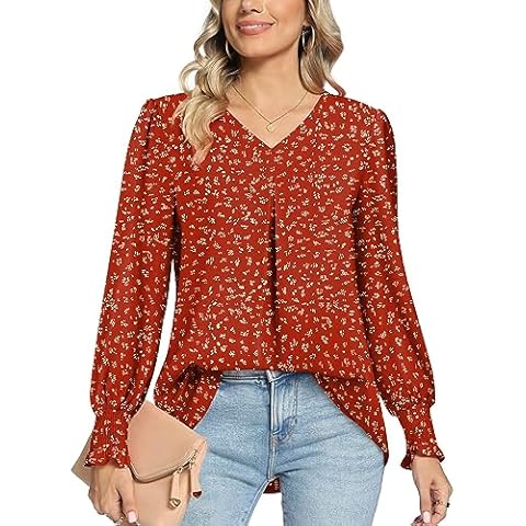 Anyally Women's Plus Size Dressy Chiffon Blouses V Neck Puff Sleeve Tunic Tops for Leggings Elegant T-Shirts with Smocked Cuffs, XL Polka Dots Red Cover